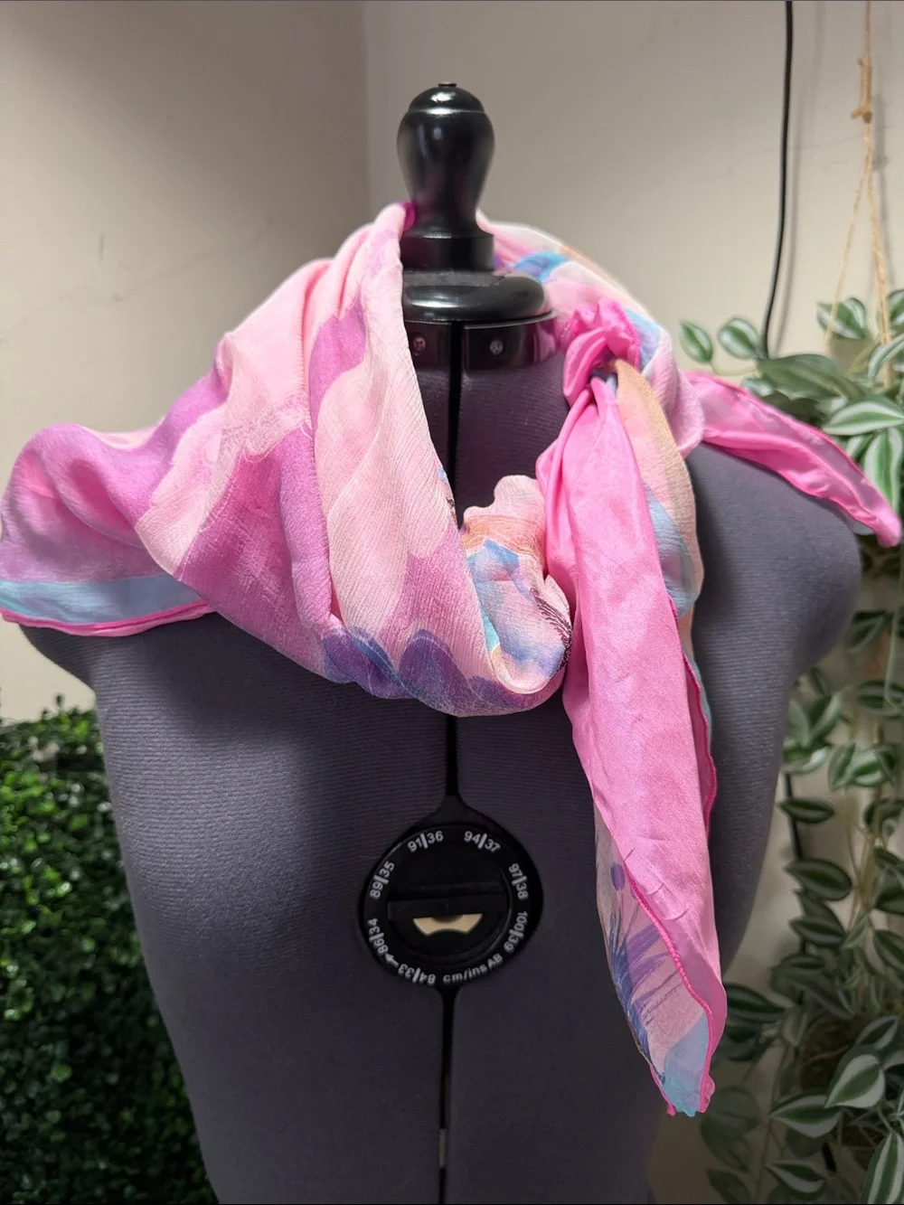 Silky Pink & Blue Scenic Print Scarf